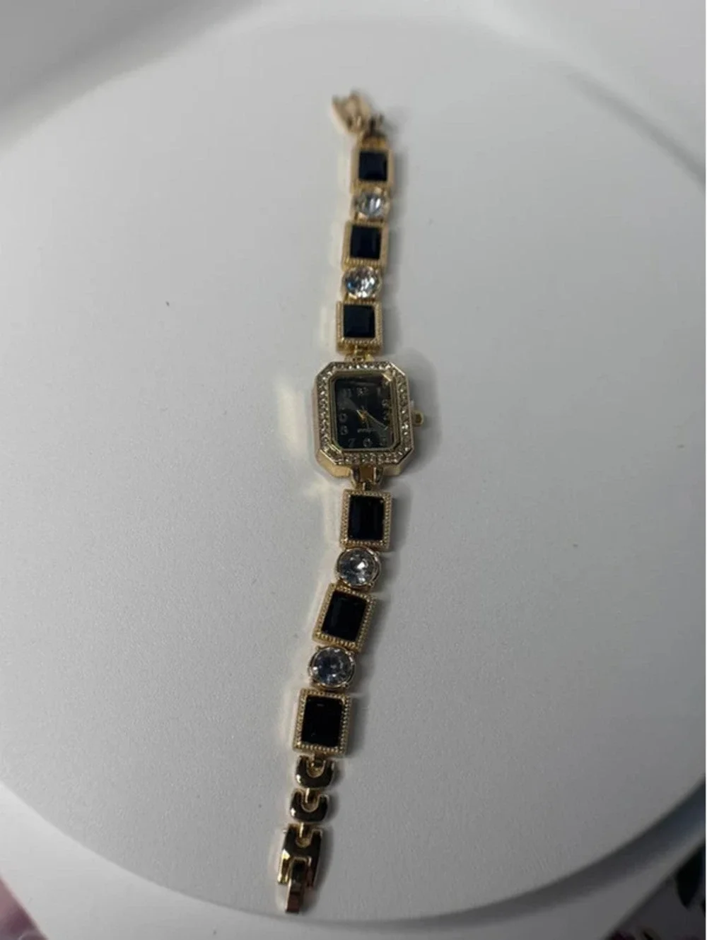 7.5 inch watch bracelet, black and clear cz, gold tone